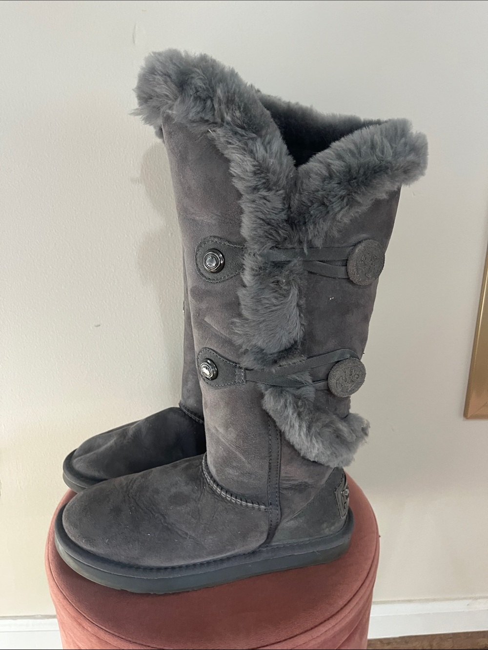 Australia Luxe Collective Gray Faux-Fur Button Mid-Calf Winter Boots